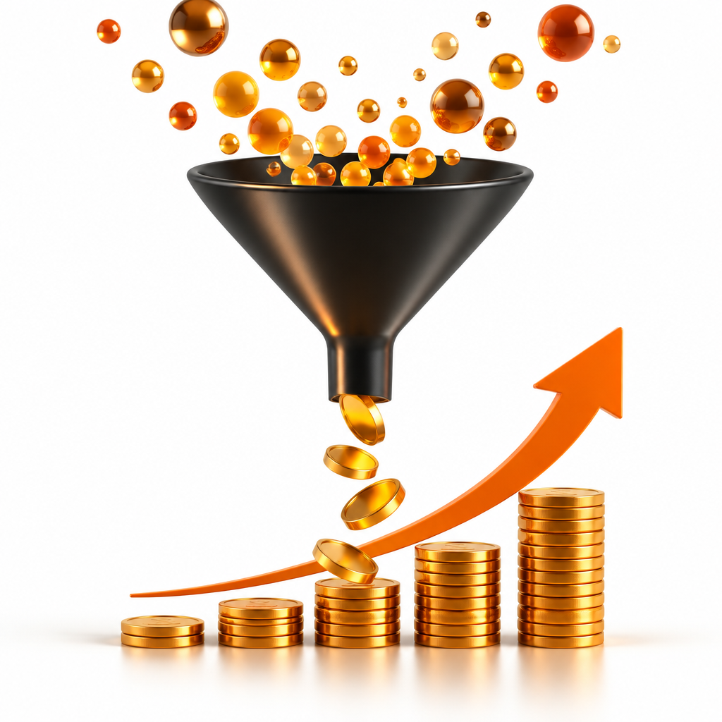 Leads flowing through a funnel and turning into growing revenue